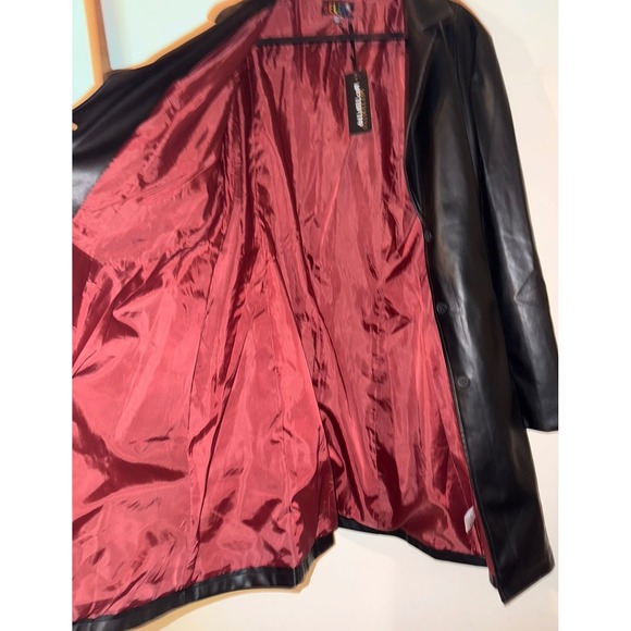 Dolls Kill Faux Leather Trench Coat Red Lined Black Button Front Size XXL NWT - Picture 7 of 7